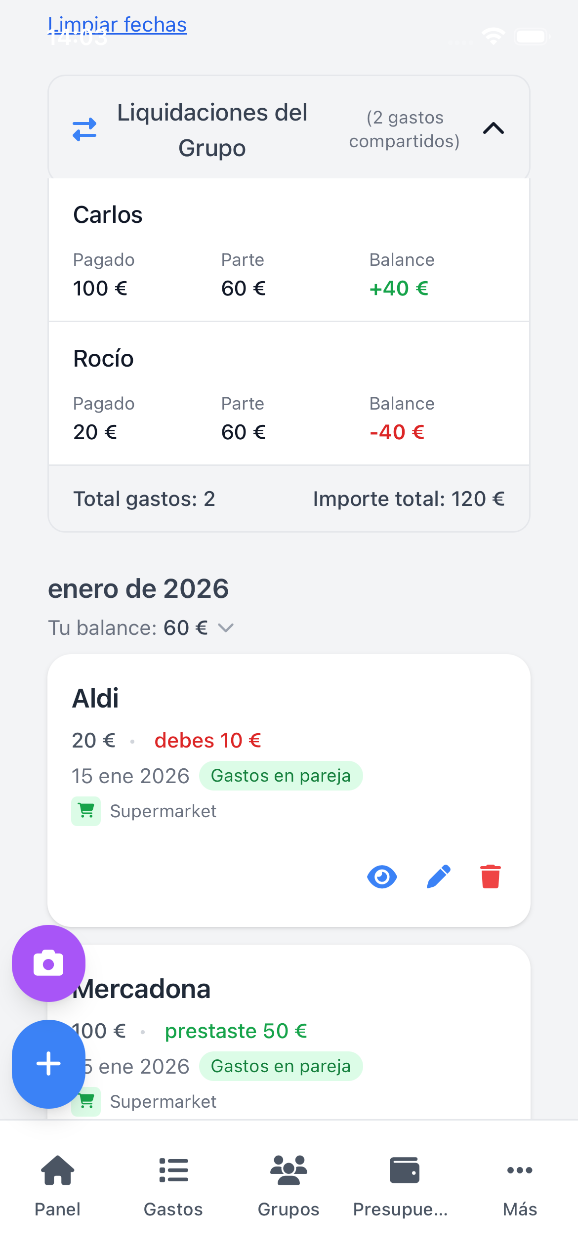 Balance de gastos en pareja mostrando quién debe a quién