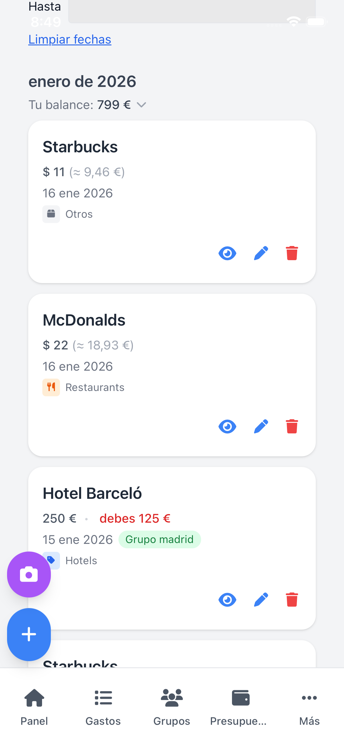 Gastos en múltiples monedas con conversión automática